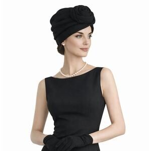 1960s Black Knit Turban Hat Rosette Detail